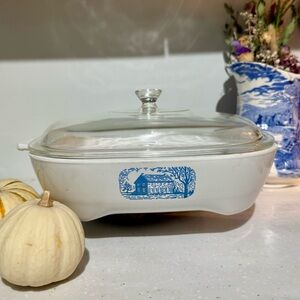 vintage CorningWare Browning Skillet with a "Colonial House" or "Blue House"